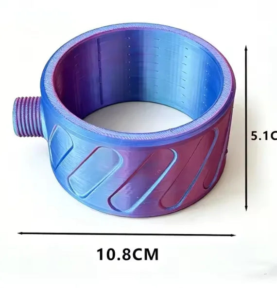 A 3D-printed metal ring clamp with a threaded side port, featuring a blue-to-purple gradient finish. The image includes dimension lines indicating a width of 10.