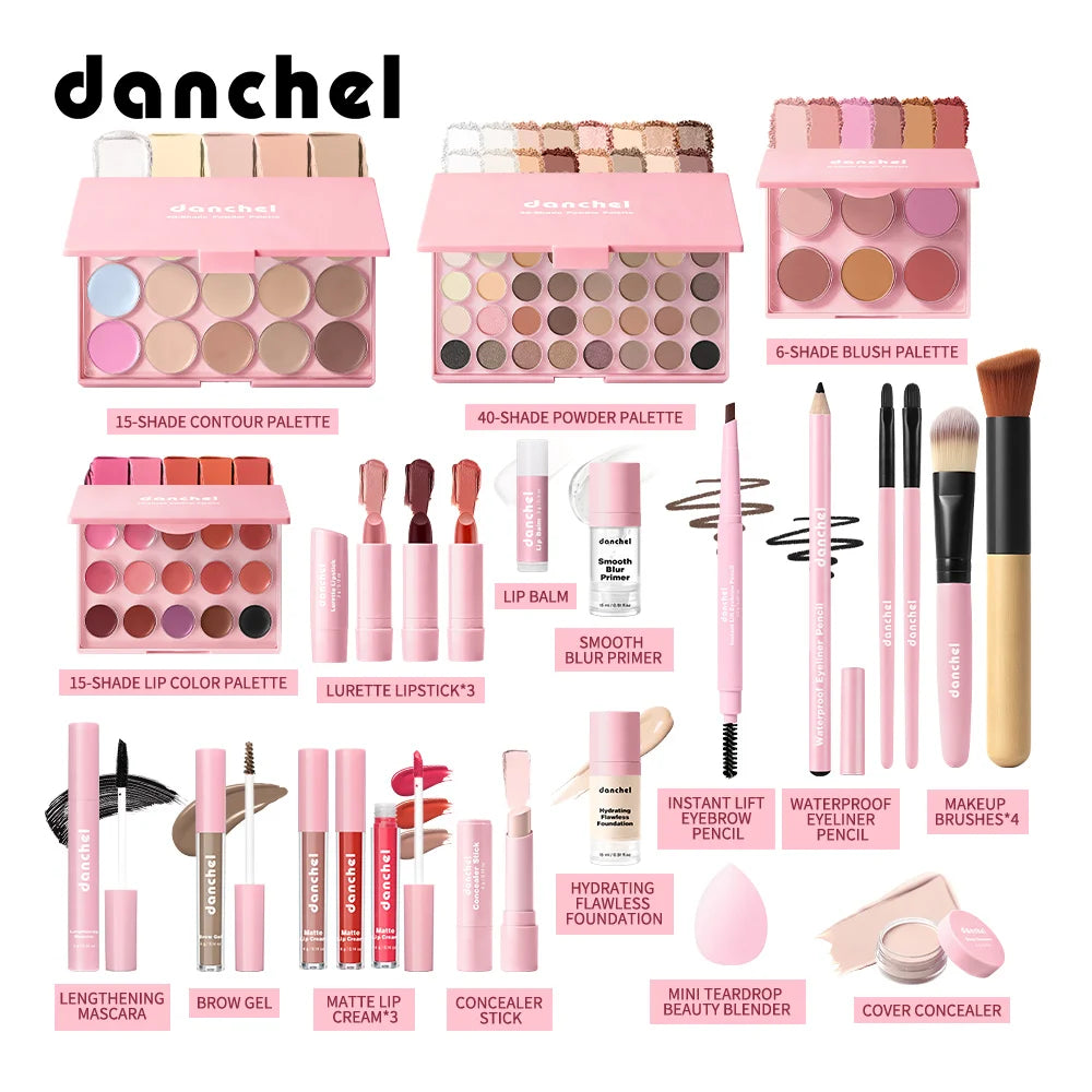 Danchel makeup product set with various items on a white background