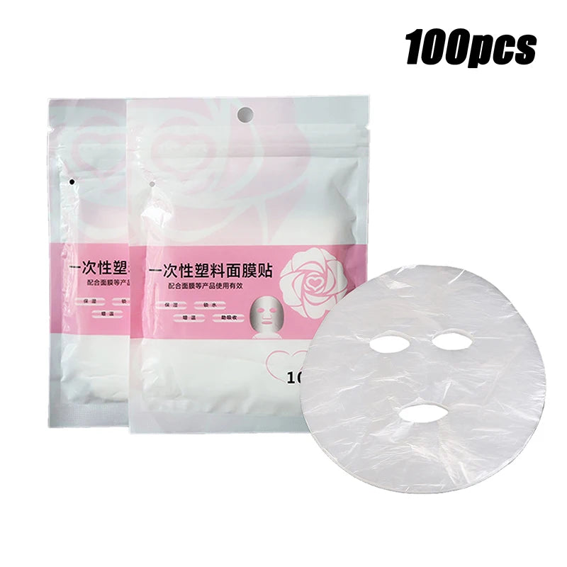 Packaging of 100一次性塑料面膜贴 with a single mask sheet on a white background
