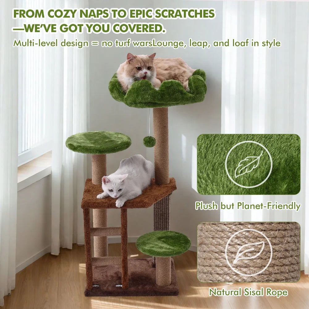 Cat tree with multiple levels and green platforms, featuring text about its design and materials.