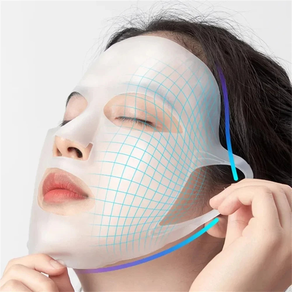 Person wearing a face mask with grid lines on a white background