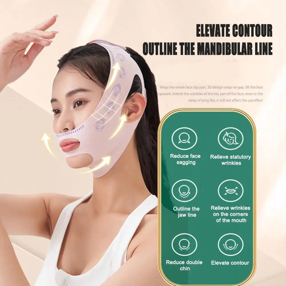 Woman wearing a face lifting device with product features displayed on a green panel.