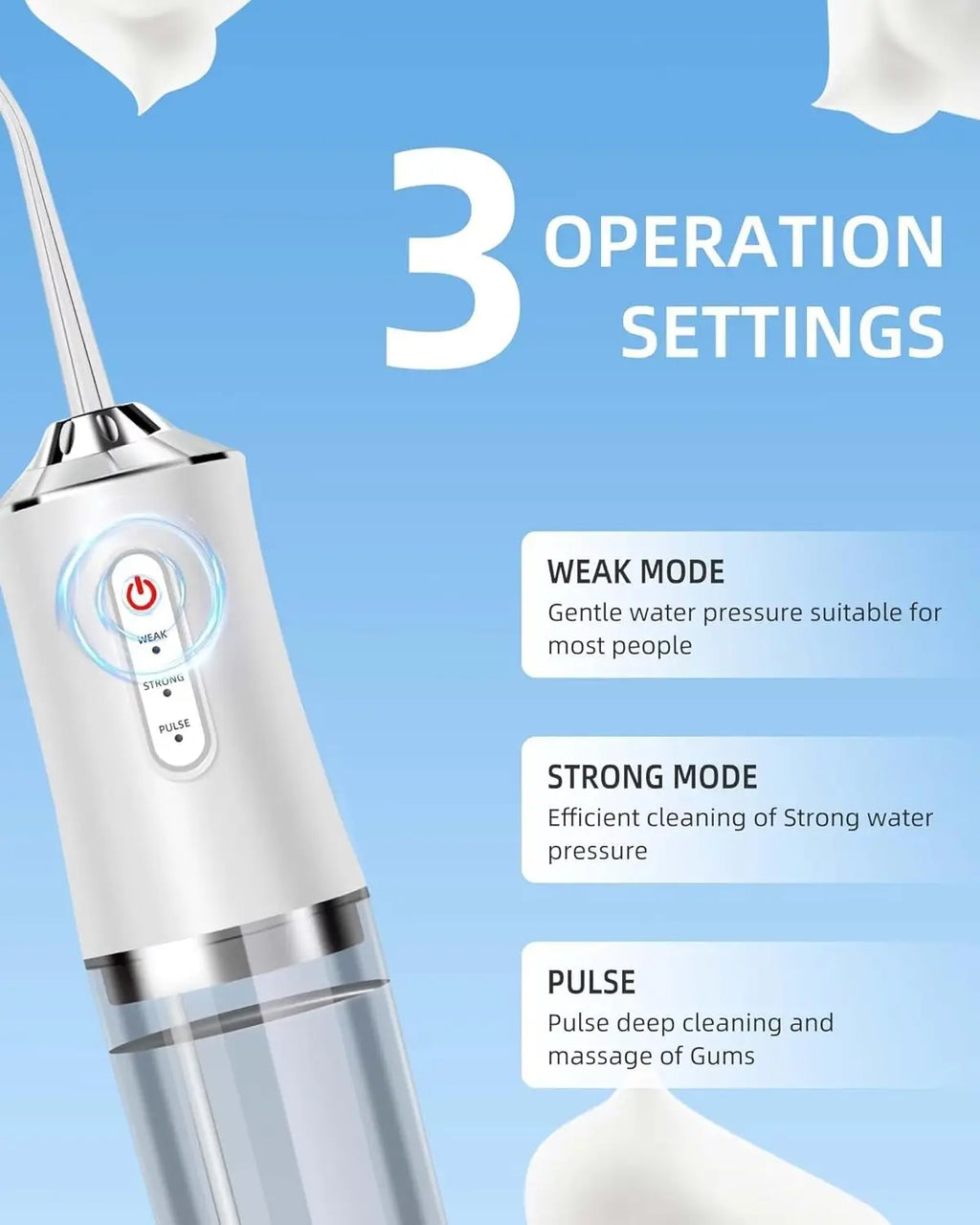 Water flosser with operation settings on a blue background