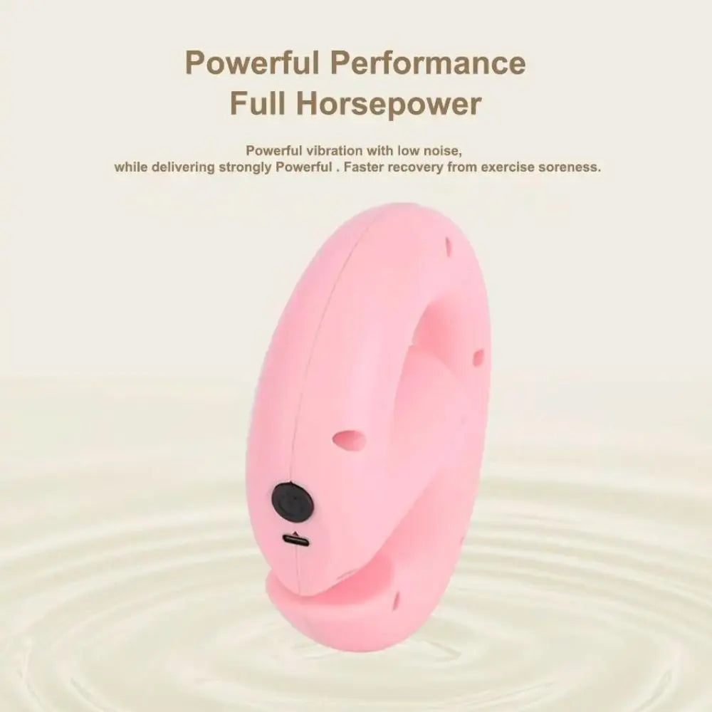 A pink silicone neck massager with a curved design, shown floating on a light beige background with ripples and promotional text.