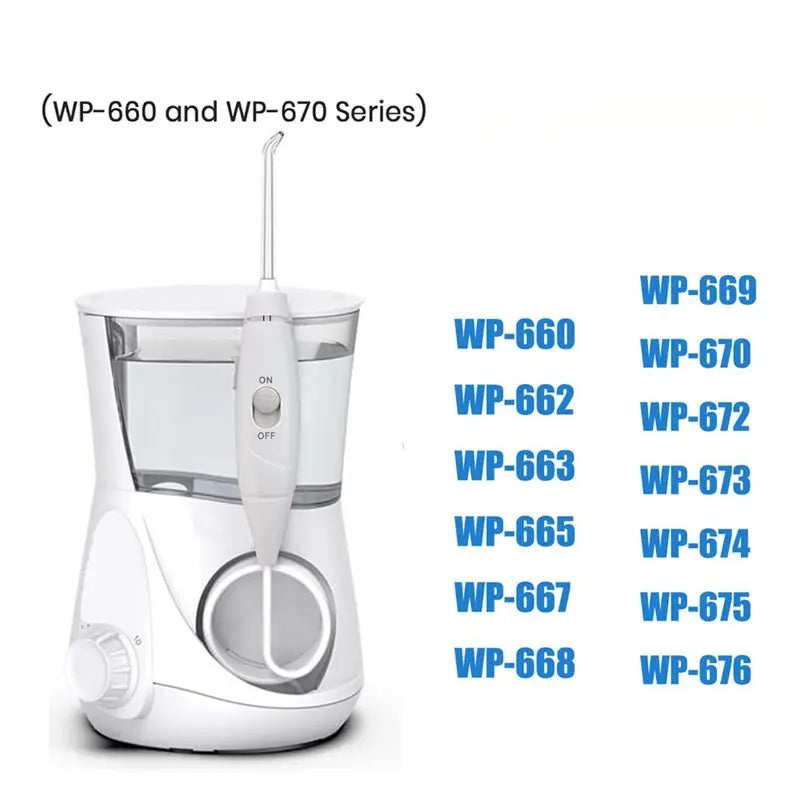 White dental water flosser with model numbers listed on a white background