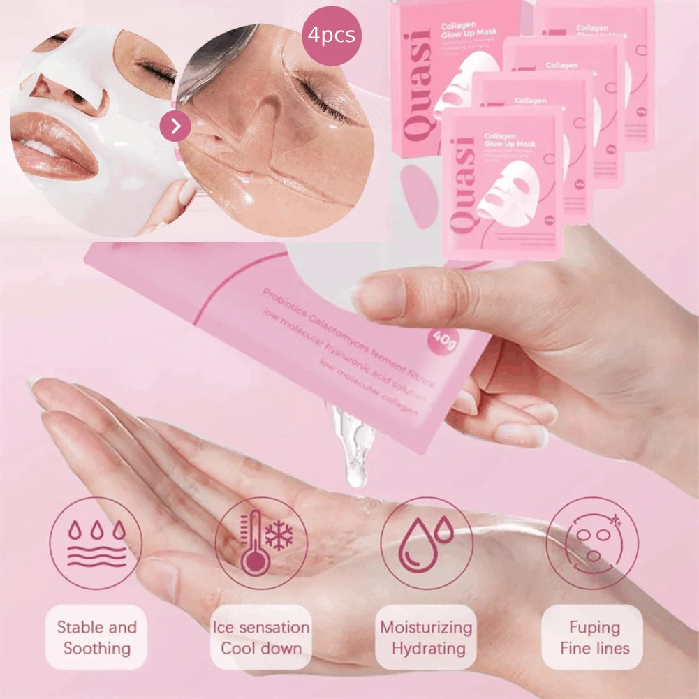 Quasi Collagen Glow Lip Mask 4-piece pack shown with pink sachets, a hand holding an open pink squeeze tube, water being poured onto an open palm, and inset photos of a face applying a mask. Text highlights stable and soothing, ice sensation cooling down, moisturizing hydrating, and fuping fine lines benefits.