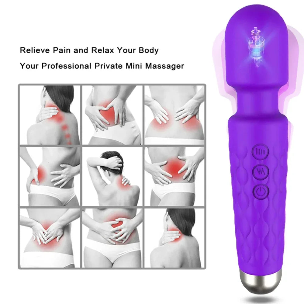 Purple mini massager with images of pain relief on a white background