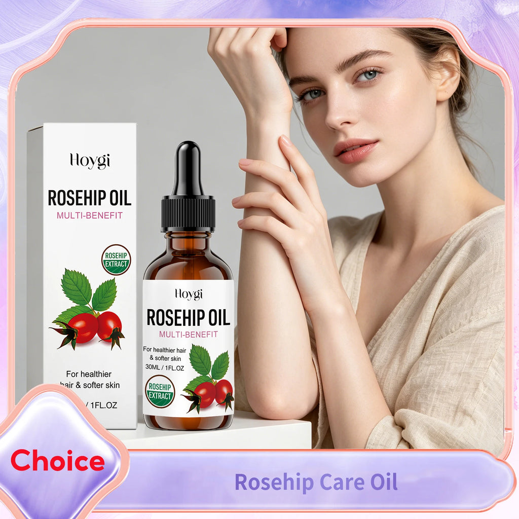 A bottle of Hoygi Rosehip Oil and its packaging box are displayed next to a woman with her arm raised, set against a neutral gray background with decorative purple and pink frame graphics.