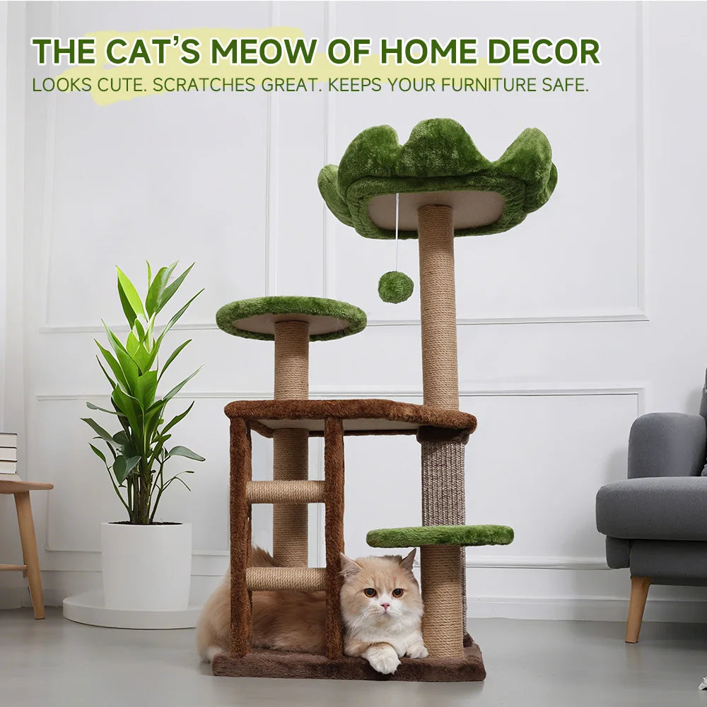 Cat tree with a cat sitting on it in a room with a plant and chair.