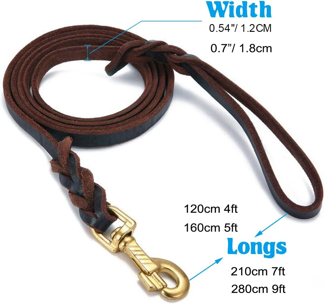 Brown dog leash with measurements and length details on a white background