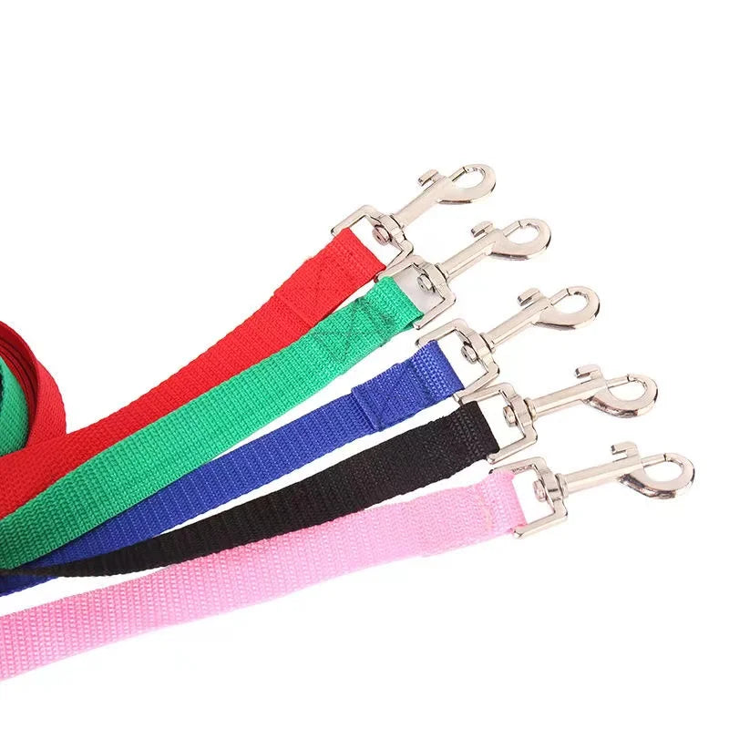 Set of colorful dog leashes with metal clips on a white background