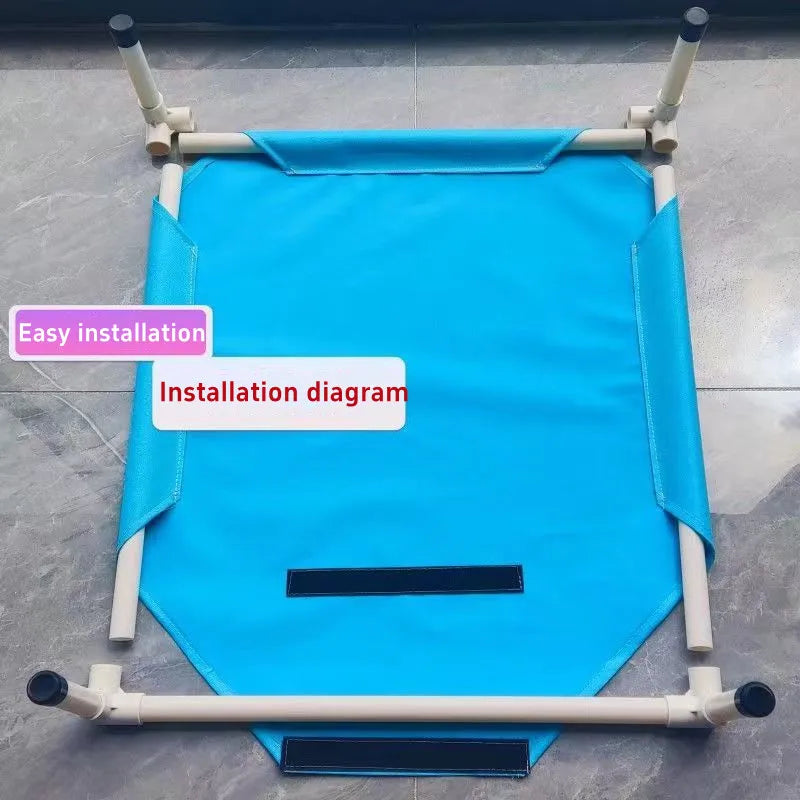 Blue pet cot with white frame on a tiled floor, labeled 'Easy installation' and 'Installation diagram'.