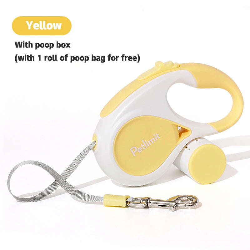 Yellow retractable dog leash with poop box and free poop bag on a white background