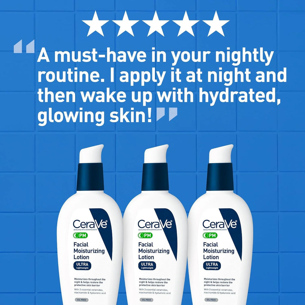 CeraVe facial moisturizing lotion bottles with a blue background and customer testimonial.