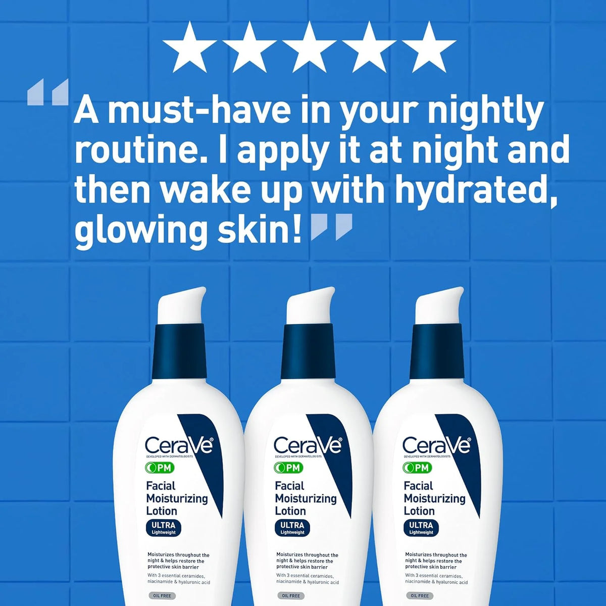 CeraVe facial moisturizing lotion bottles with a blue background and customer testimonial.