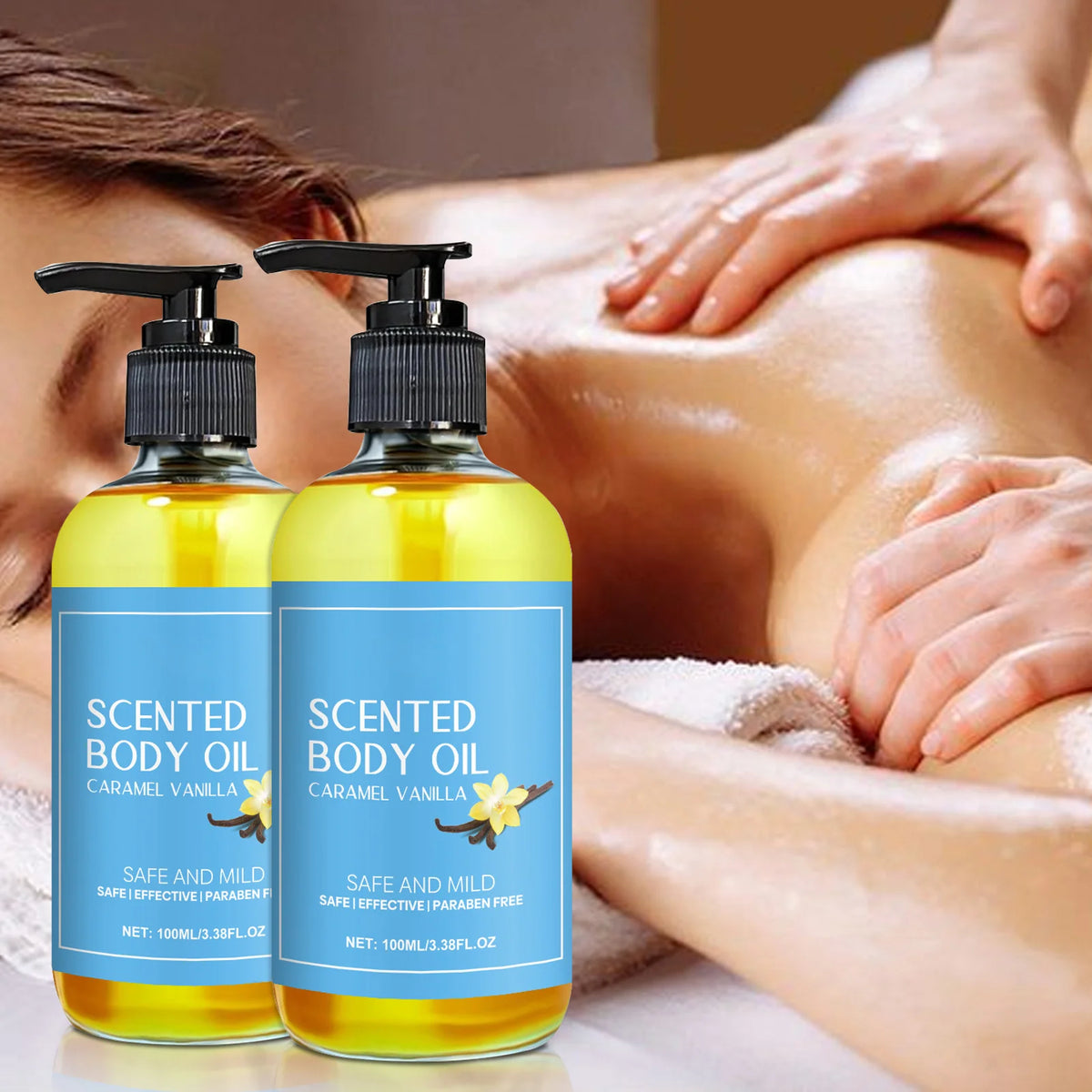 Two bottles of scented body oil with a person receiving a massage in the background.