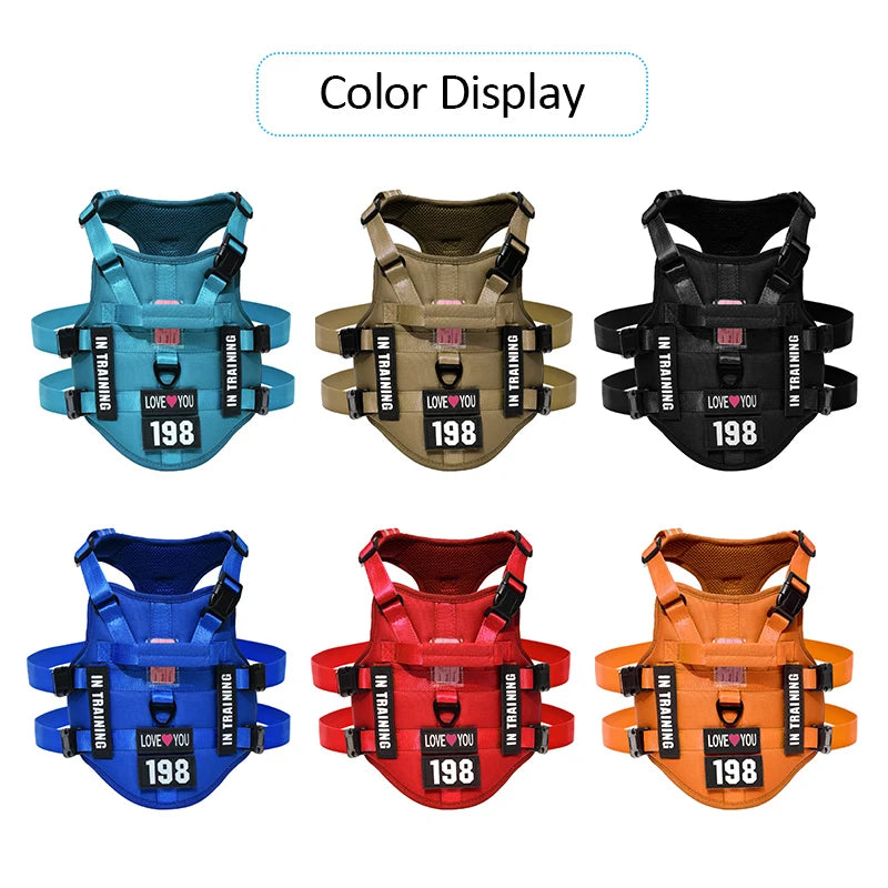Six dog vests in different colors with text on a white background