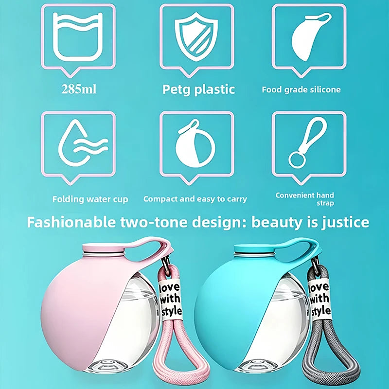 Two portable water bottles with pink and blue designs on a teal background with feature icons.