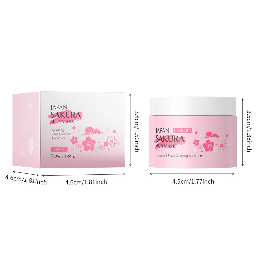 Japan Sakura mud mask packaging with dimensions on a white background