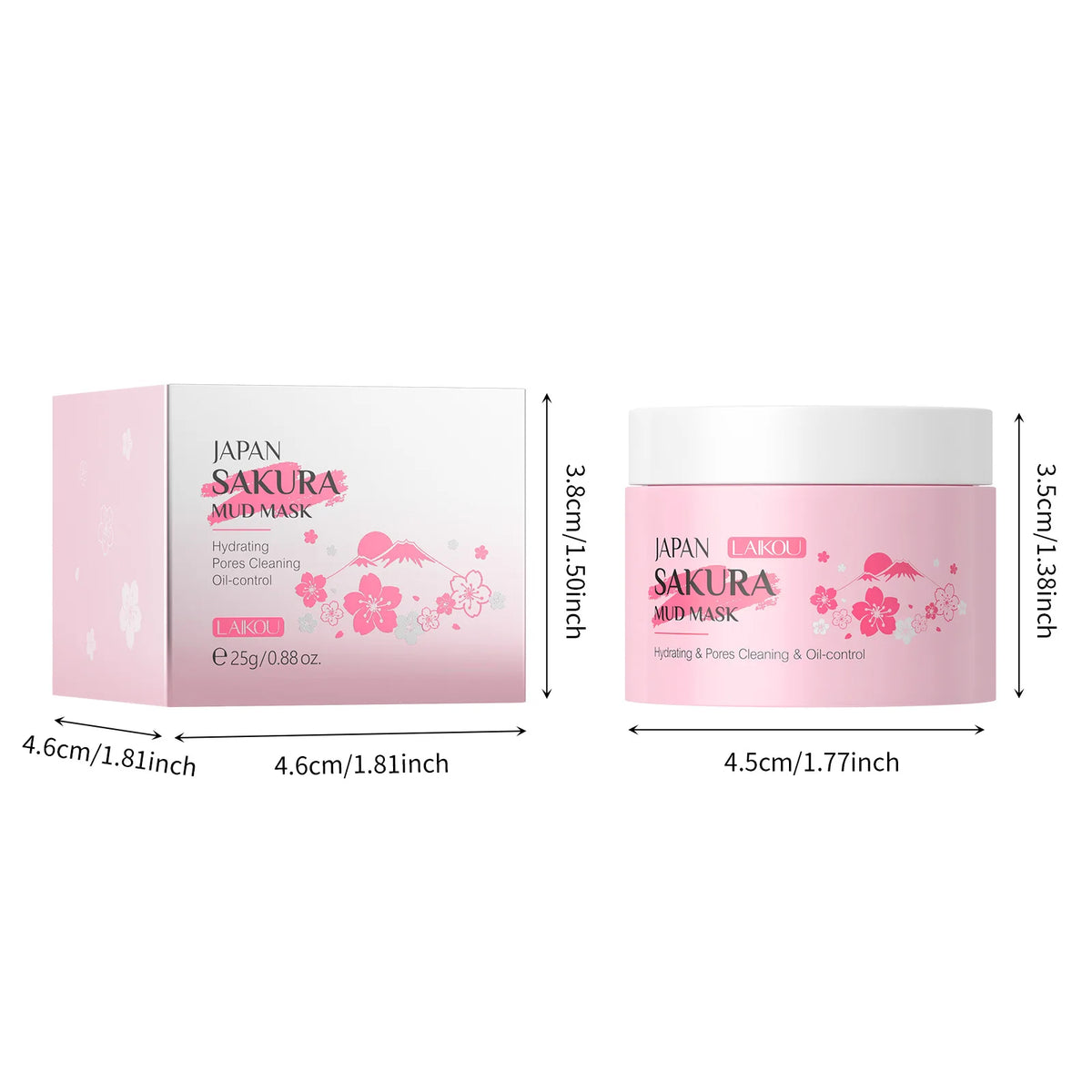 Japan Sakura mud mask packaging with dimensions on a white background