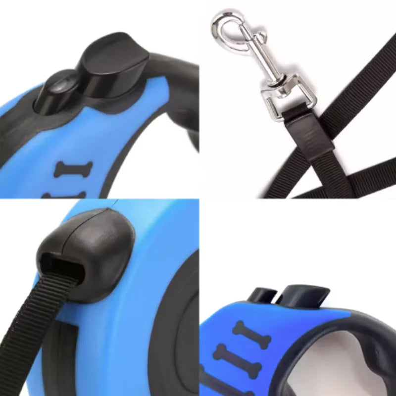 Blue dog leash with black handle and metal clip on a white background