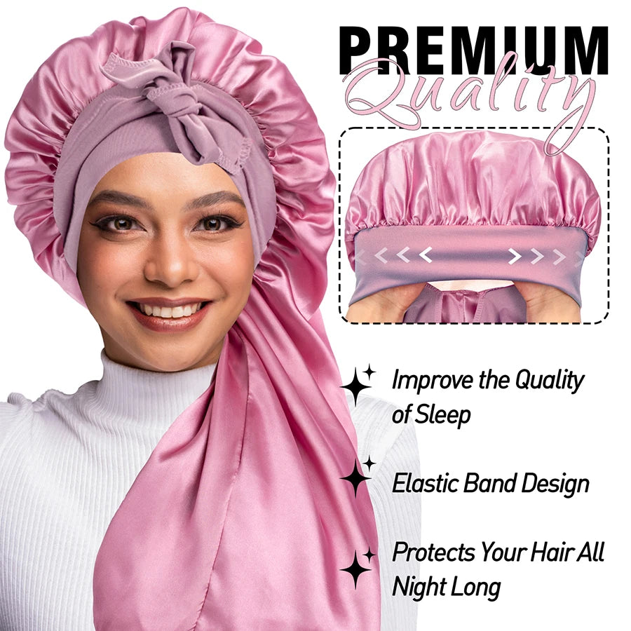 Pink satin head cover worn by a model with text highlighting features on a white background
