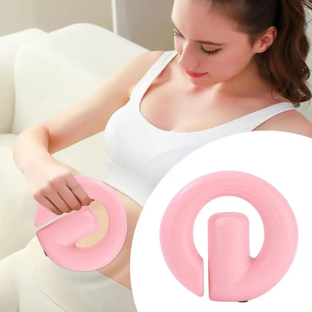 A woman in a white tank top sits on a white sofa while using a pink pelvic floor trainer. A circular inset on the right shows a close-up of the pink curved pelvic floor exercise device.