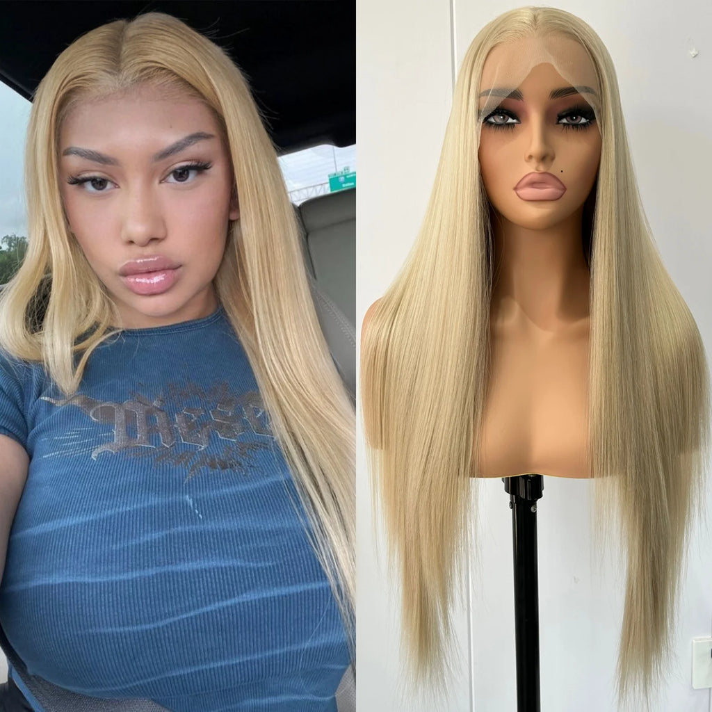 A long straight blonde wig is shown in a split image: on the left, a woman wearing it, and on the right, the wig displayed on a mannequin head against a plain indoor wall.