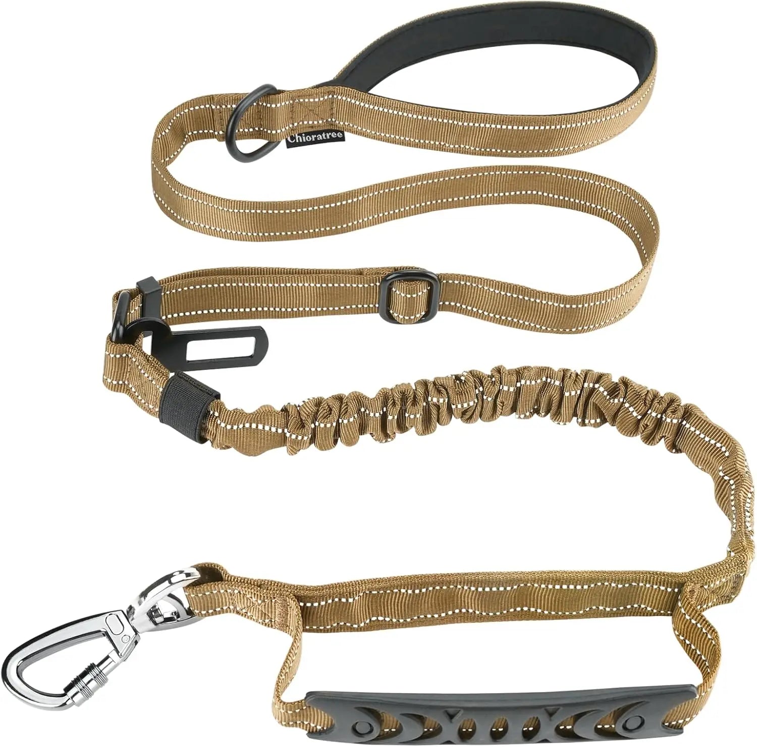 Tan dog leash with black hardware on a white background