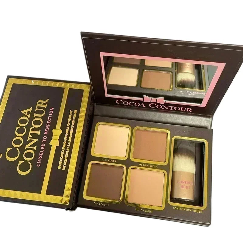 Cocoa contour makeup palette with four shades and a brush on a white background