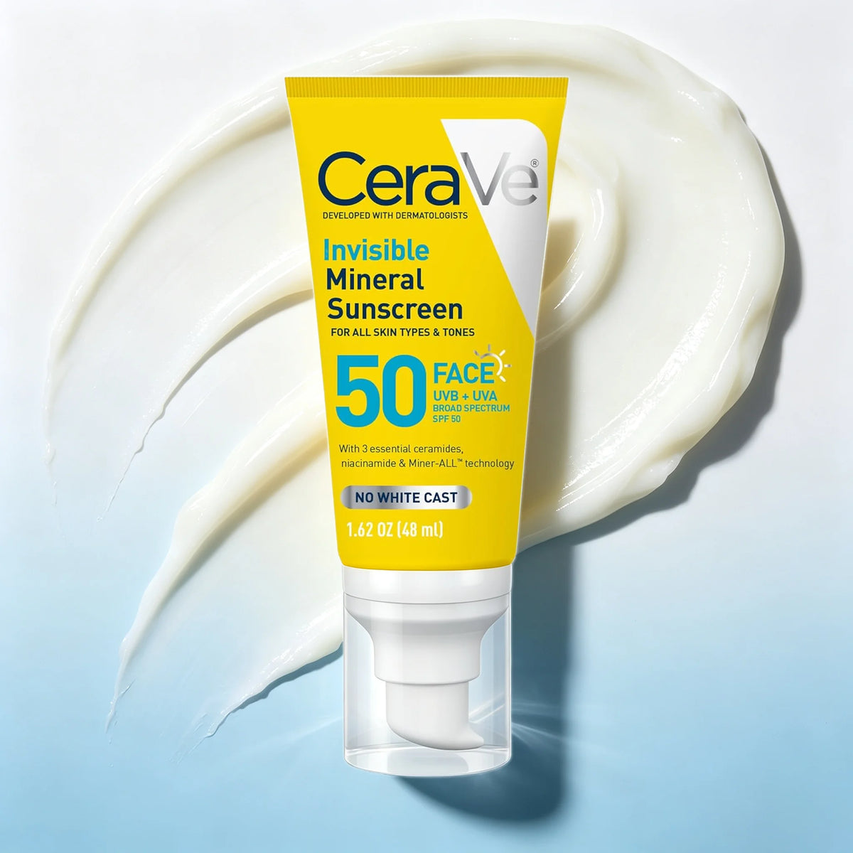 CeraVe Invisible Mineral Sunscreen 50 Face Lotion in a yellow squeeze tube, set against a white background with a cream product smear and a light blue gradient at the bottom.