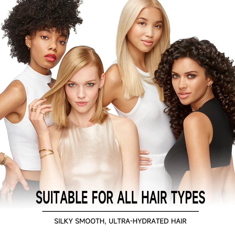 Four women with different hair types posing together, with text indicating suitability for all hair types.