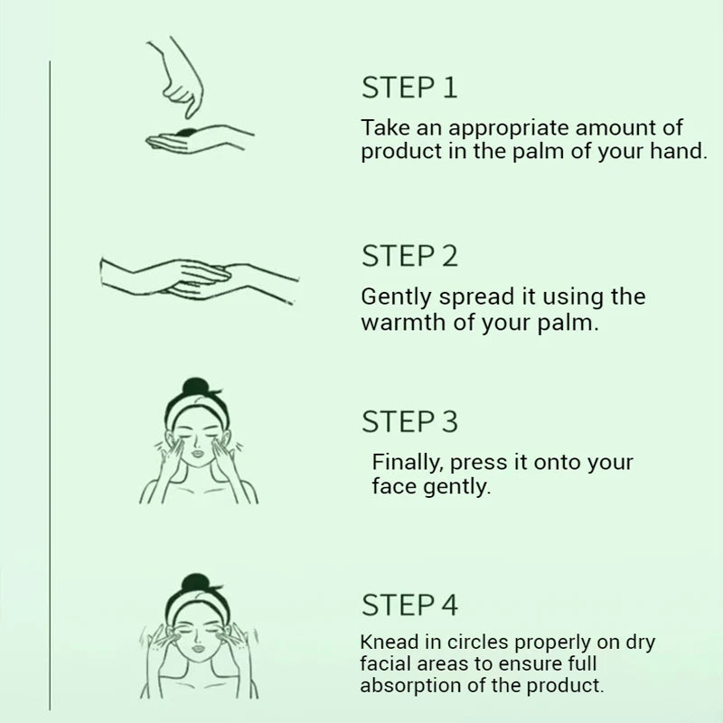 Step-by-step illustration of applying a skincare product with text instructions on a light green background.