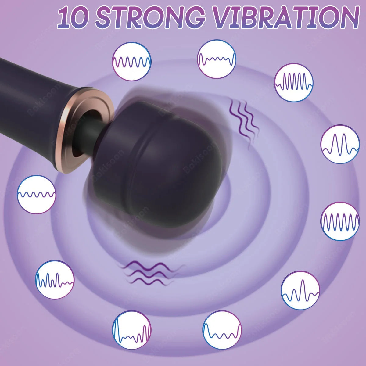 Vibrating device with '10 Strong Vibration' text and wave icons on a purple background