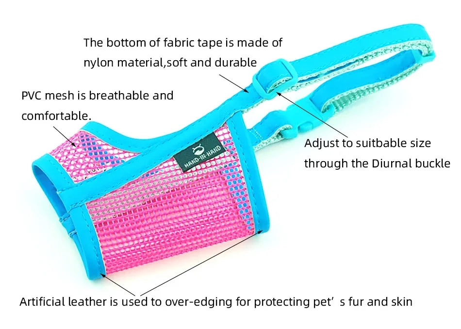 Pet product with blue frame and pink mesh, featuring text on material and features.