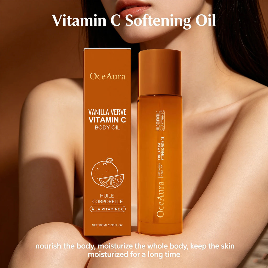OceAura Vanilla Verve Vitamin C body oil with packaging on a brown background