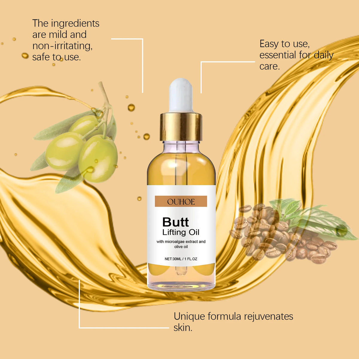 Bottle of Butt Lifting Oil with olive branch and coffee beans on a beige background