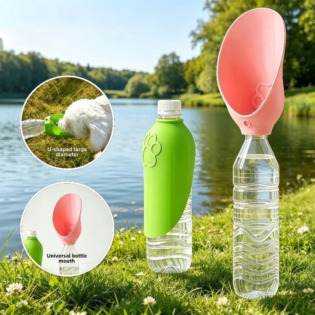 A pet water bottle feeder and waterer set shown outdoors by a lake, with two circular inset callouts explaining features. The main product consists of a clear plastic bottle with a green silicone bottle cover and a pink silicone feeder attachment on the cap.