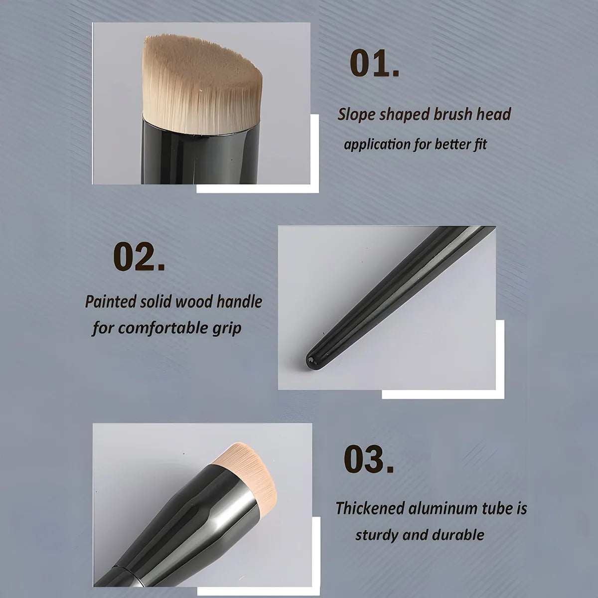 Makeup brush with features highlighted on a gray background