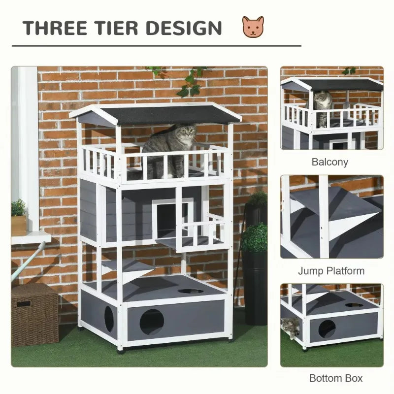 Three-tiered cat play structure with a cat on top, set against a brick wall.