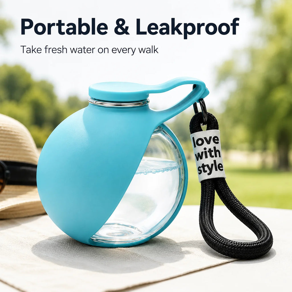 A portable water bottle with a bright blue silicone sleeve and a clear glass body, shown outdoors on a table with a blurred green background. A black wrist strap with the text 'love with style' is attached.
