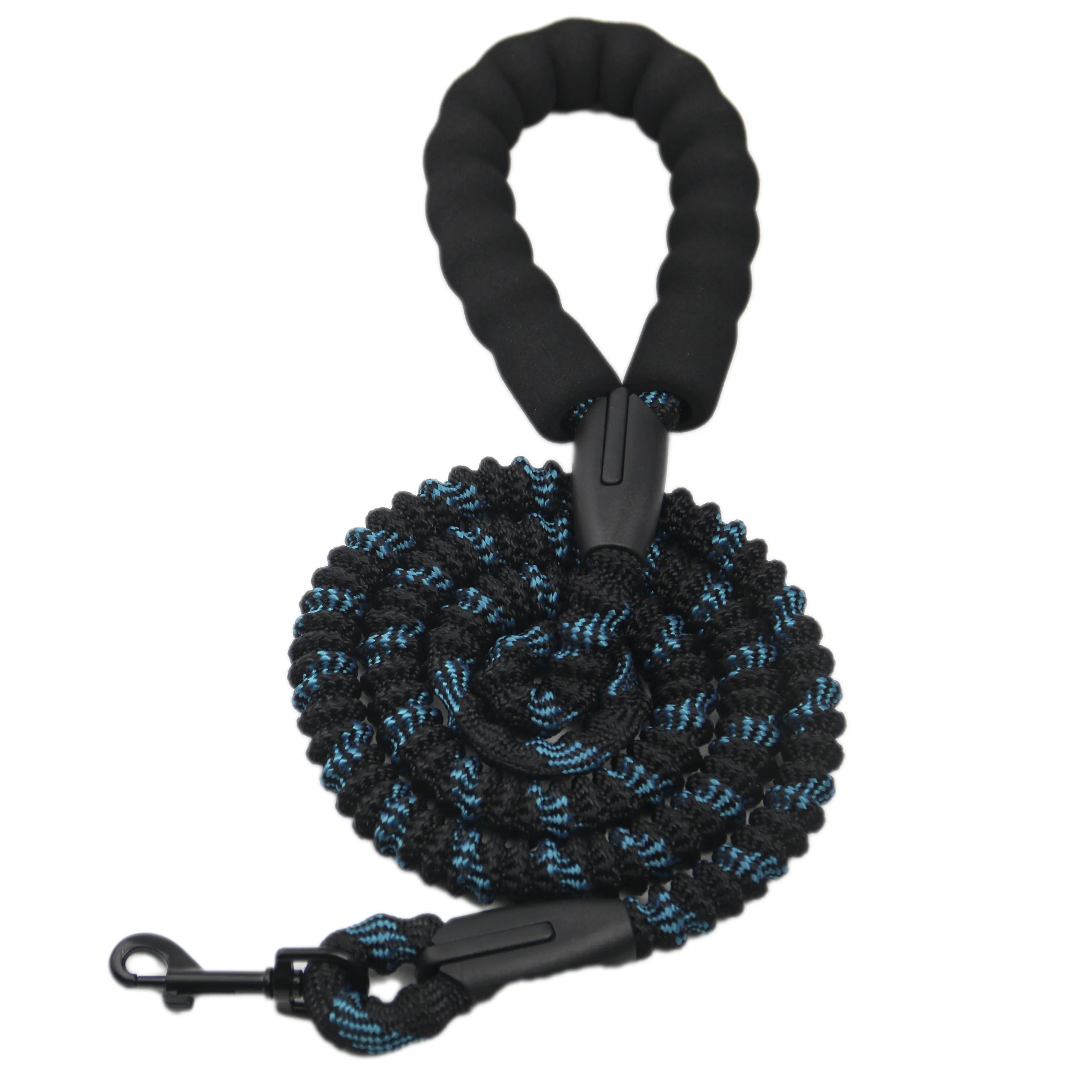 Black and blue braided dog leash on a white background