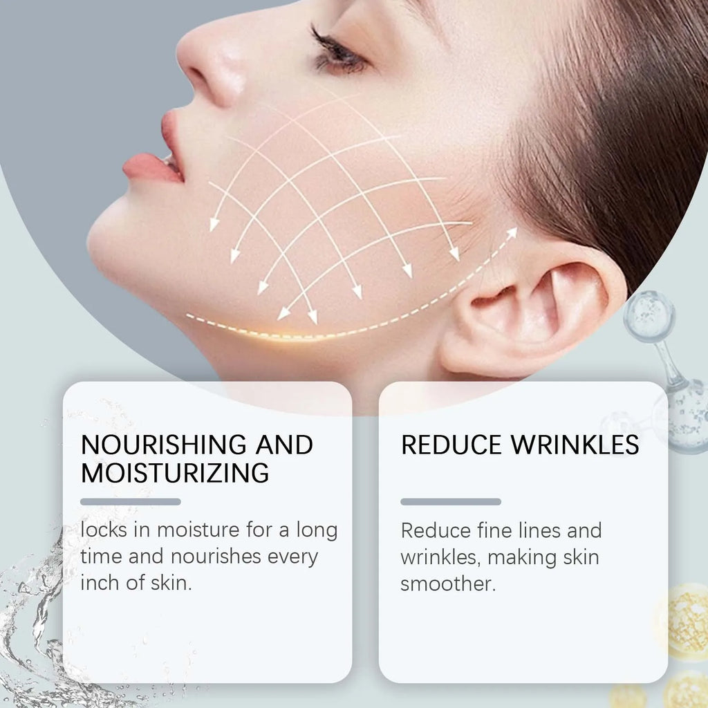 Woman's face with skincare benefits highlighted, including nourishing, moisturizing, and reducing wrinkles.