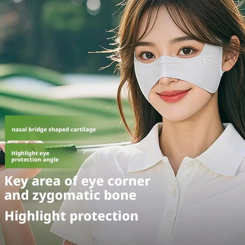Woman wearing a white eye mask with text highlighting its features