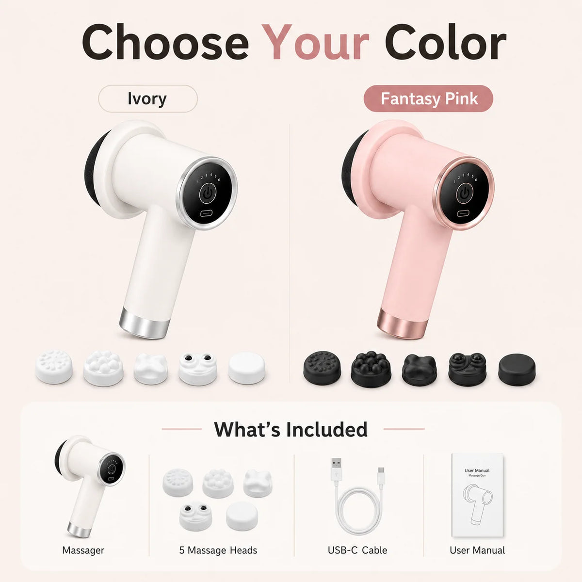Color selection graphic for a handheld facial massage device, showing two main product views: one in ivory and one in fantasy pink, with accessory heads and included items listed below under the heading 'What's Included'.