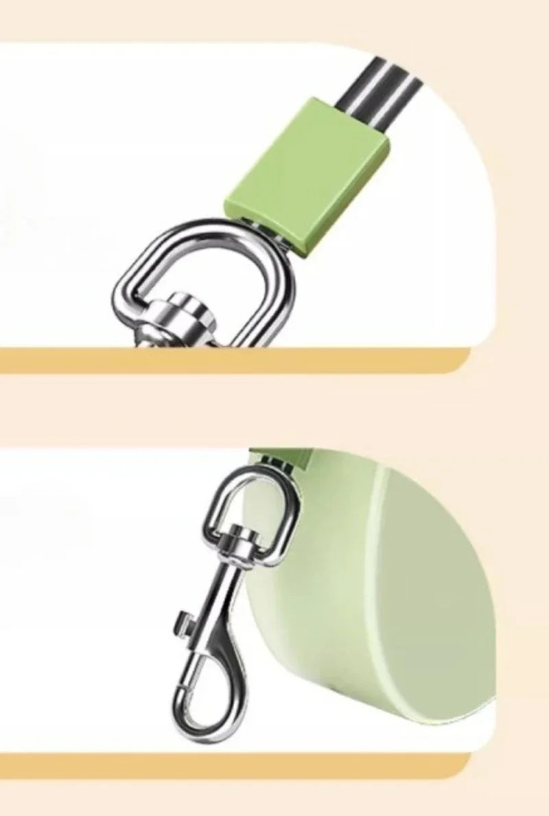 Green pet bowl with metal clip on a beige background