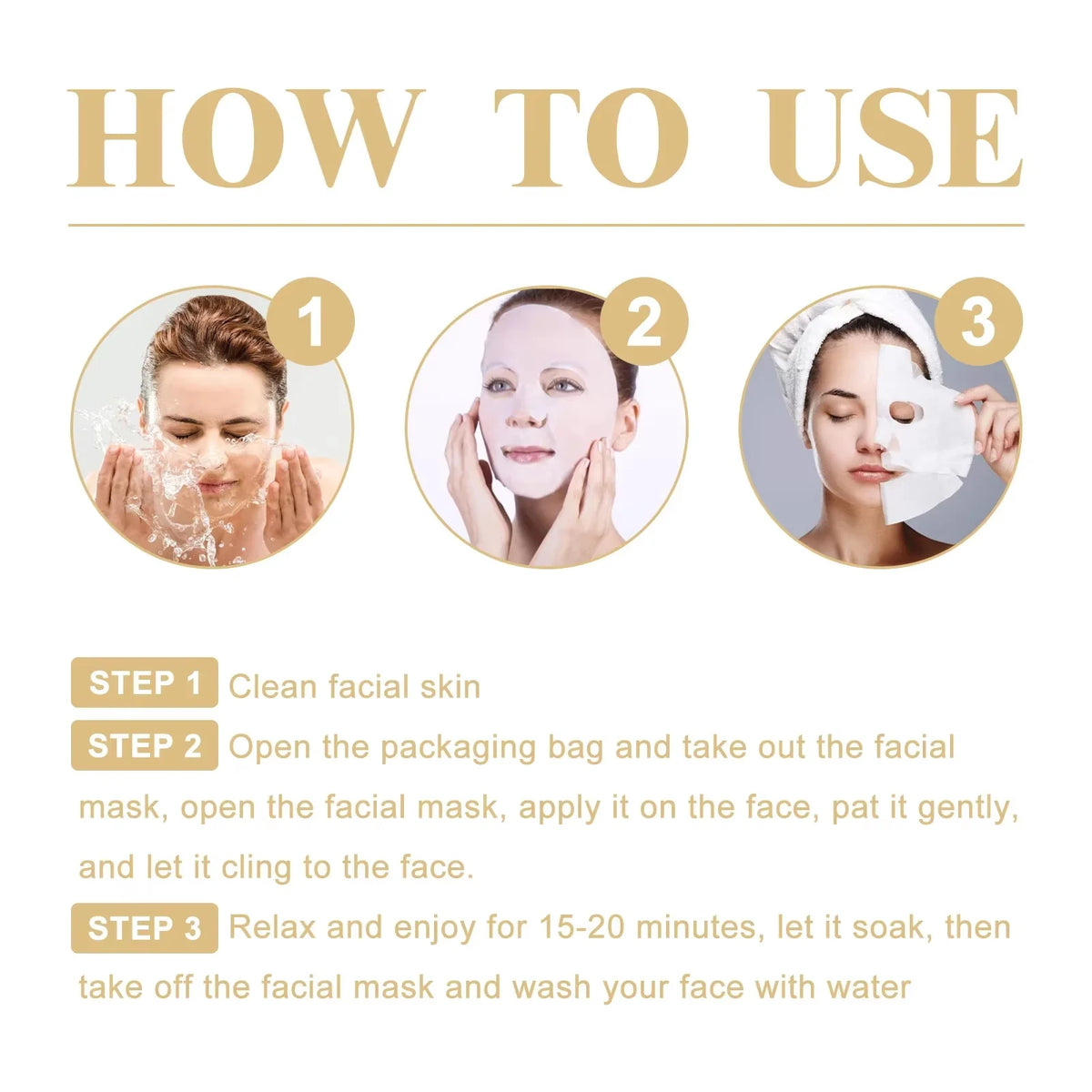 Instructions on how to use a facial mask with step-by-step guidance and images.