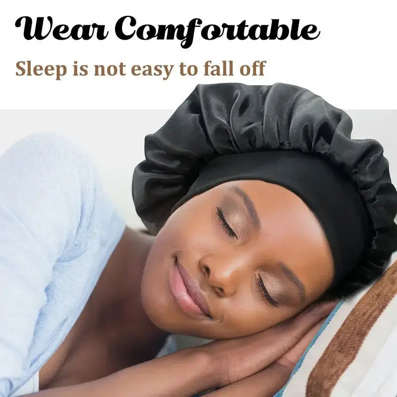 Woman wearing a satin headband with text about comfortable sleep.