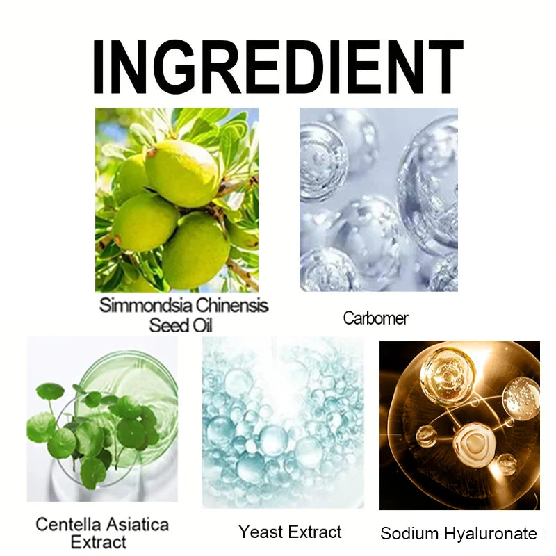 Display of skincare ingredients with images and names on a white background