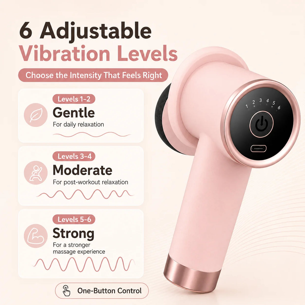 Pink handheld massage gun with a circular control panel, shown on a light beige background with marketing text about adjustable vibration levels and one-button control.
